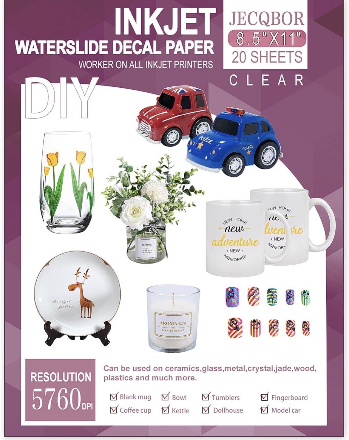 Waterslide Decal Paper Inkjet CLEAR 20 Sheets 8.5×11 Water Slide Transfer Paper