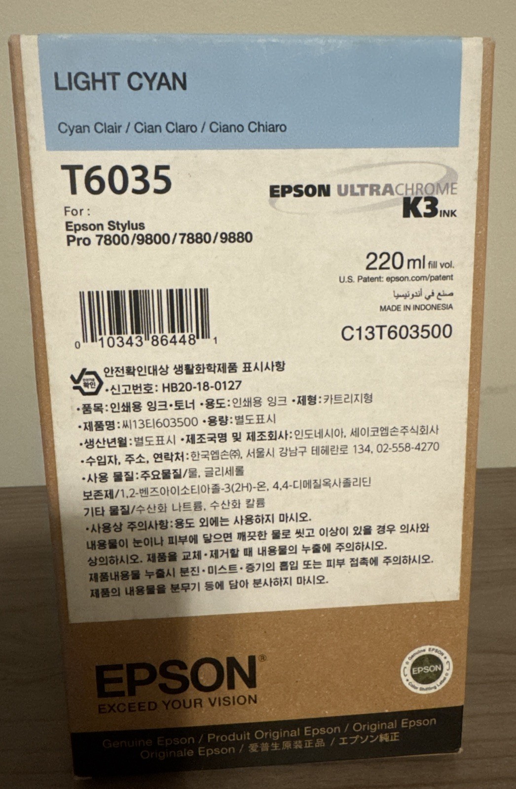 GENUINE EPSON NEW T6035 LIGHT CYAN K3 INK PRO 7800 9800 7880 9880 2024 220ml