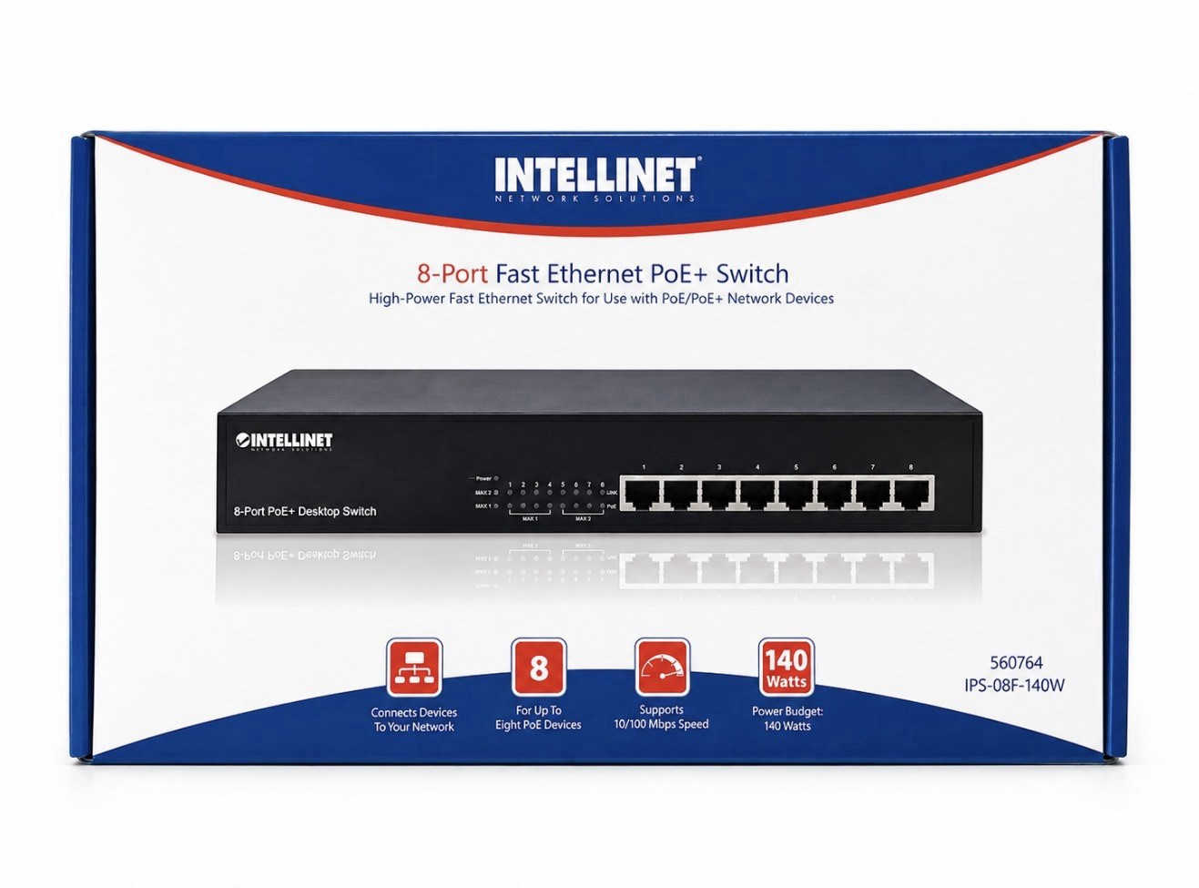 Intellinet IPS-08F-140W 8-Port Fast Ethernet PoE+ Unmanaged L2 Desktop Switch
