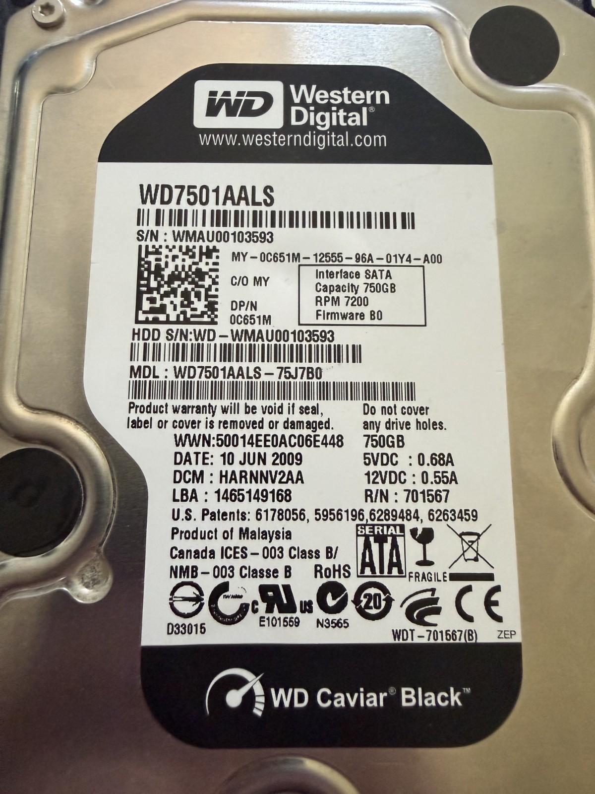 Western Digital Caviar Black 750GB 3.5″ SATA HDD WD7501AALS 100% HEALTH Good