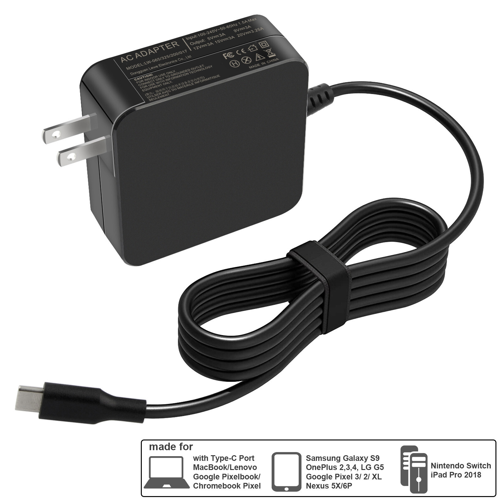 USB-C Type C Charger for Laptop Chromebook Tablet Phone PD 65W Universal Charger