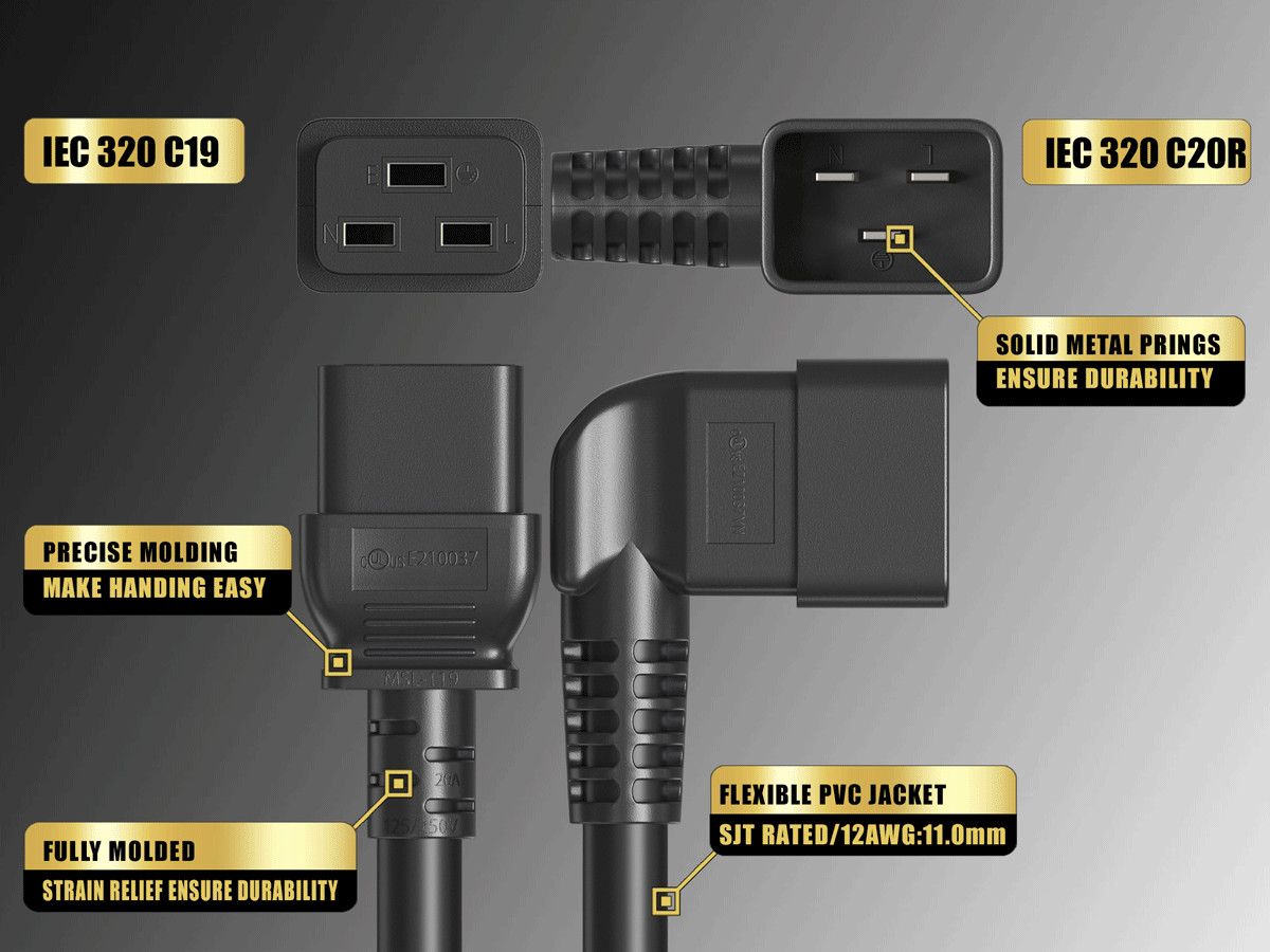 3ft C19 to Right Angle C20 Power Cord 12AWG 20A/250V SJT UL, Black