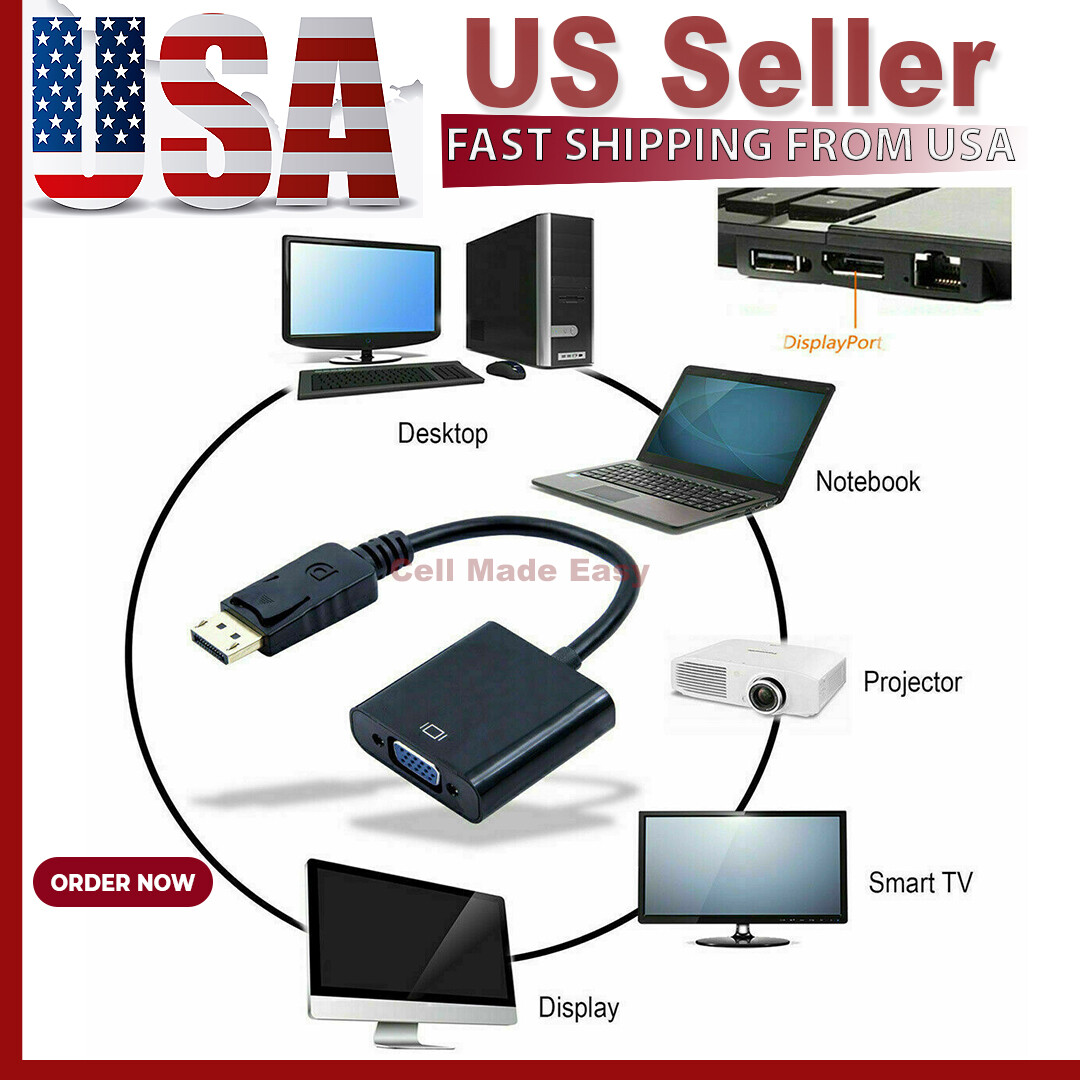 Display Port DP to VGA Adapter Cable cord 1080P for laptop desktop Game Monitor