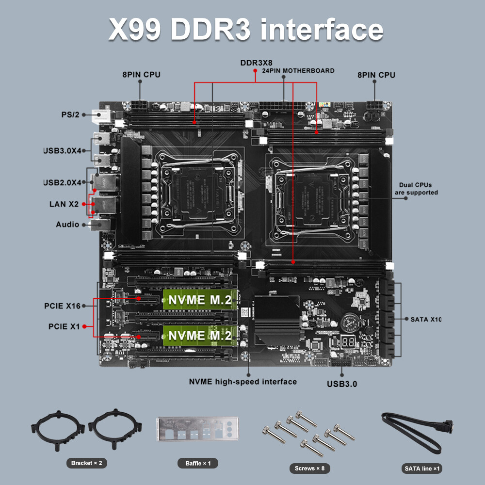 X99 Dual CPU Motherboard LGA 2011-3 DDR3 M.2 PCI-e 3.0 USB 3.0 – Xeon E5 V3/V4
