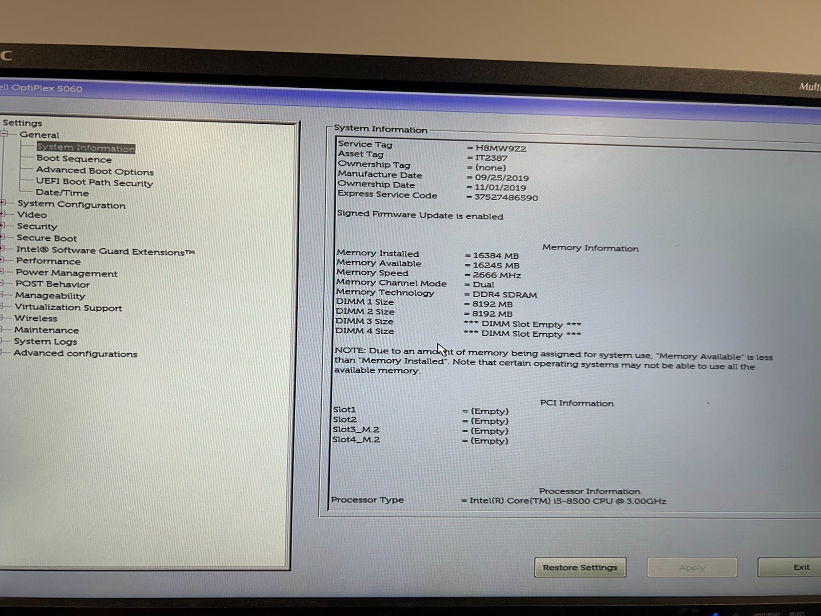 Dell Optiplex 5060 SFF Intel Core i5-8500, 16GB DDR4 RAM, NO SSD/HDD/OS #95