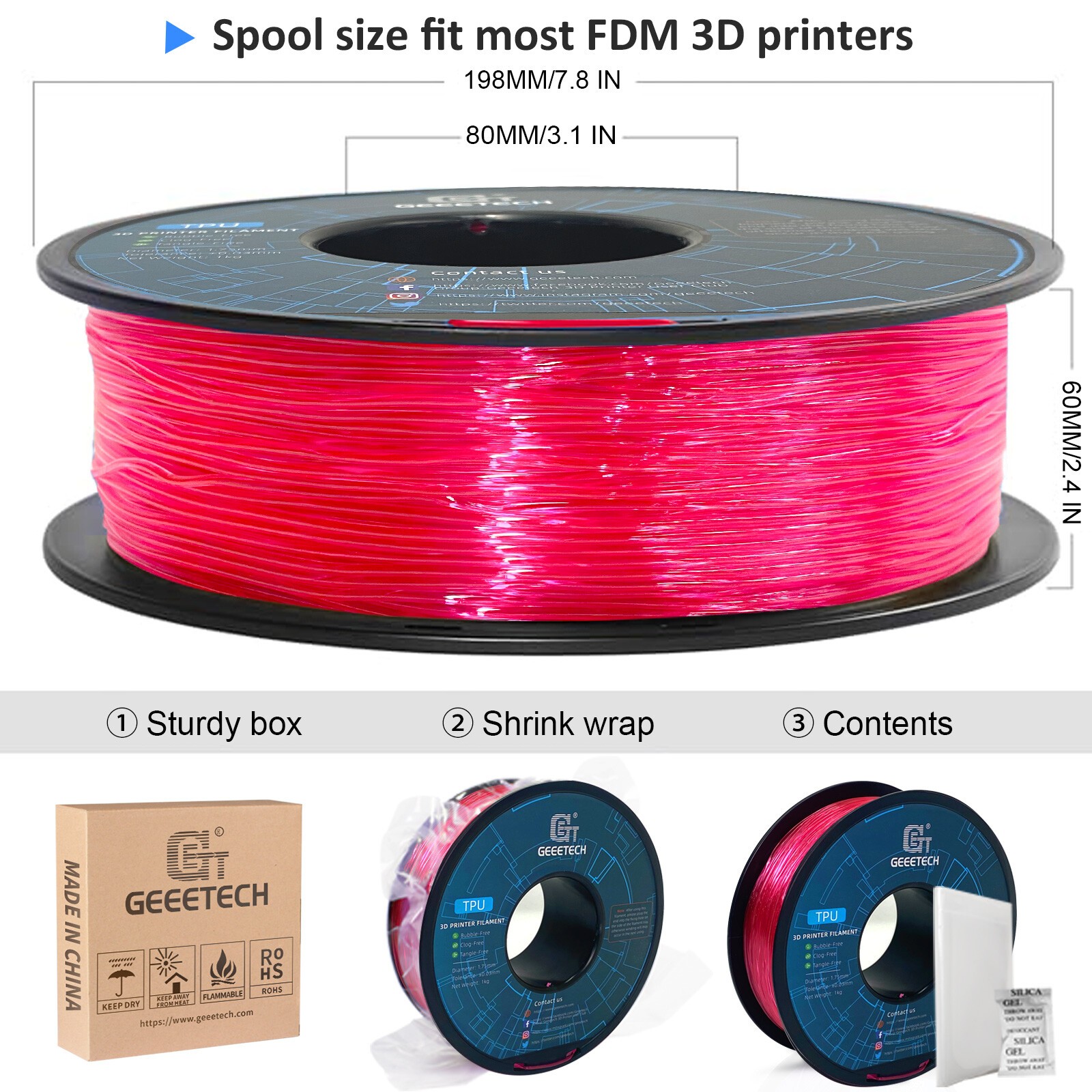 【Buy 6 Get 4 Free,Add 10】1KG/Roll GEEETECH 3D Printer Filament TPU 1.75MM 95A US