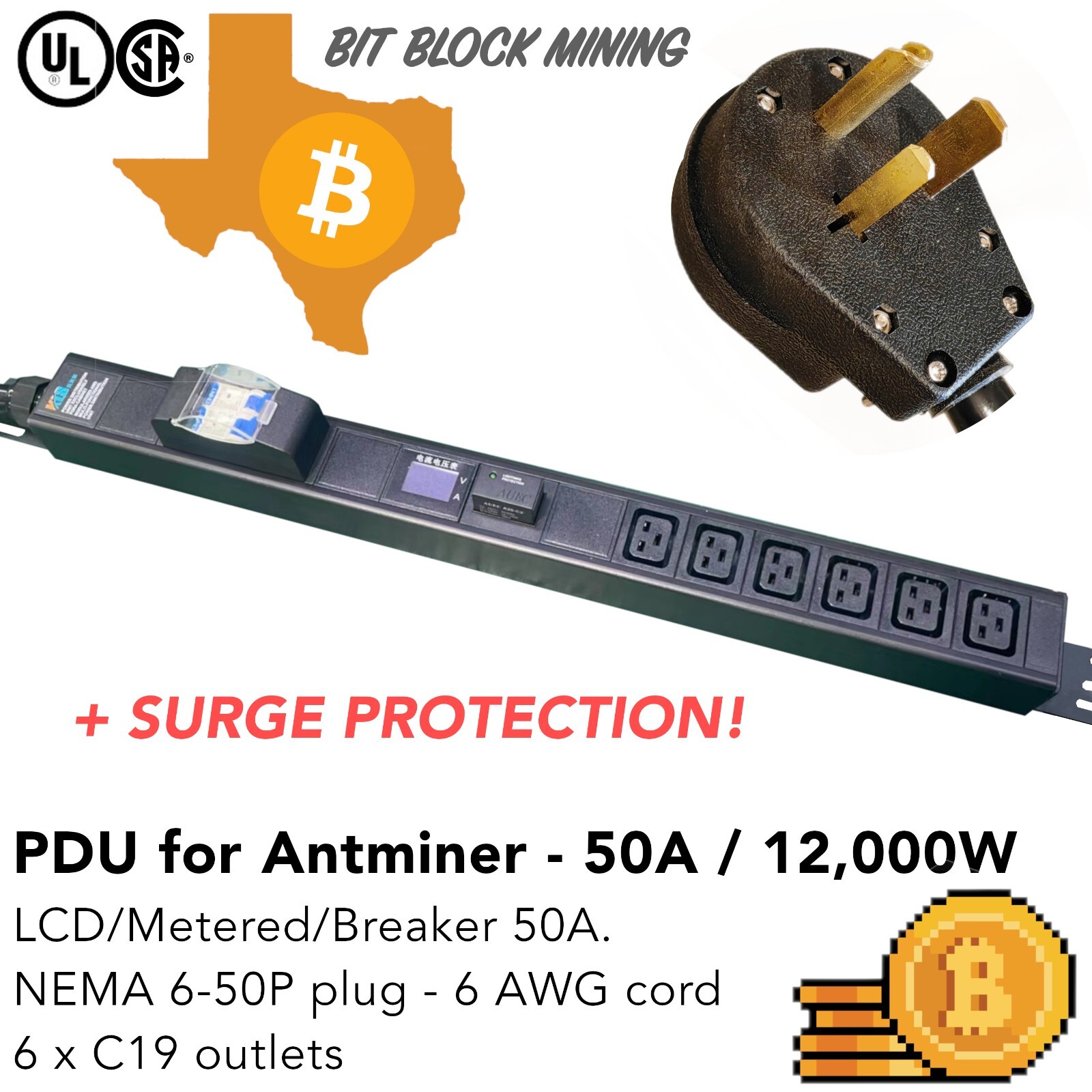 LCD Metered Mining PDU 240V 50A 6-Ports C19 Surge Protector Nema 6-50P Cord 6.5F