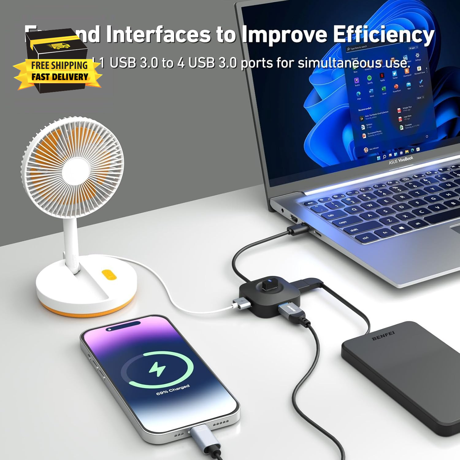 USB 3.0 Hub, 4 Ports USB a Splitter Ultra Compact for Mouse, Keyboard, Flash Dri