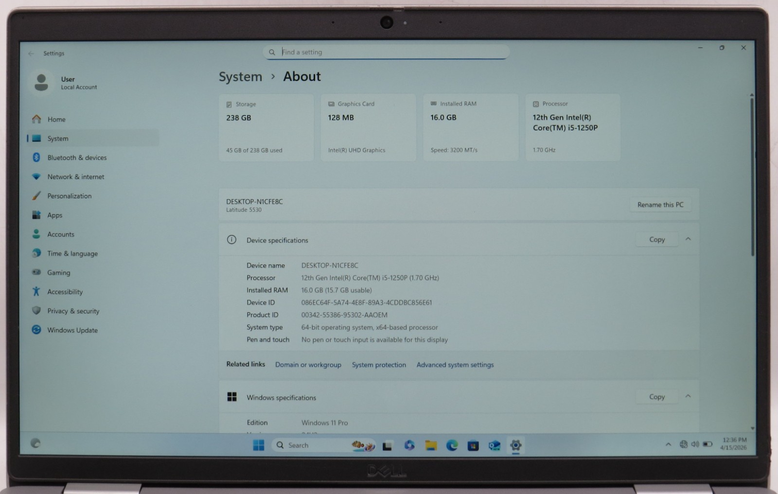 Dell Latitude 5530 i5-1250P @ 1.70GHz 16GB DDR4 256GB NVME Win11 Pro