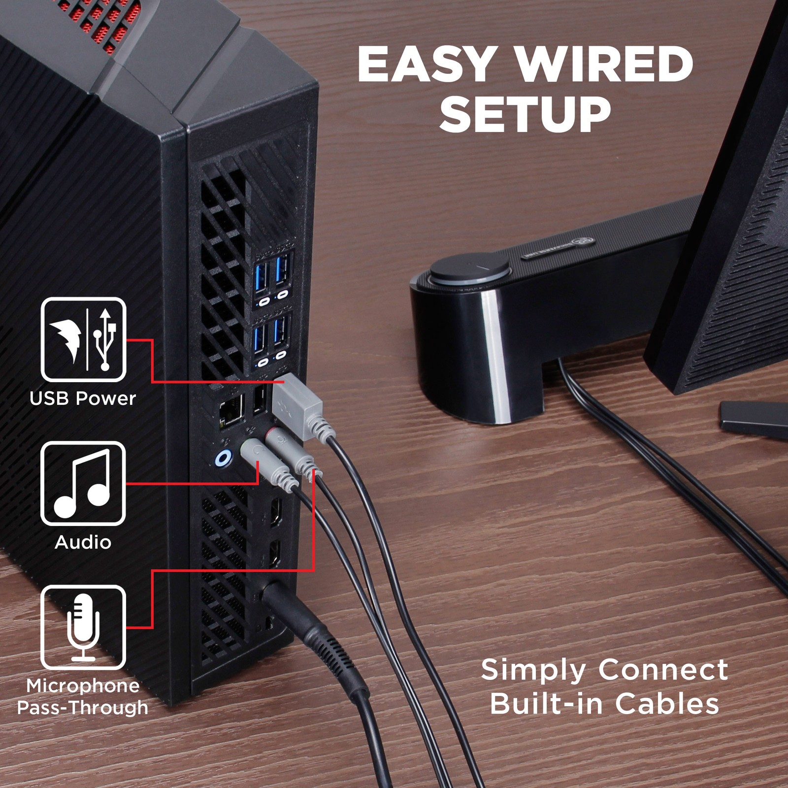 Computer Sound Bar Speaker (Blackout) with Easy Access Headphone & Mic Jacks