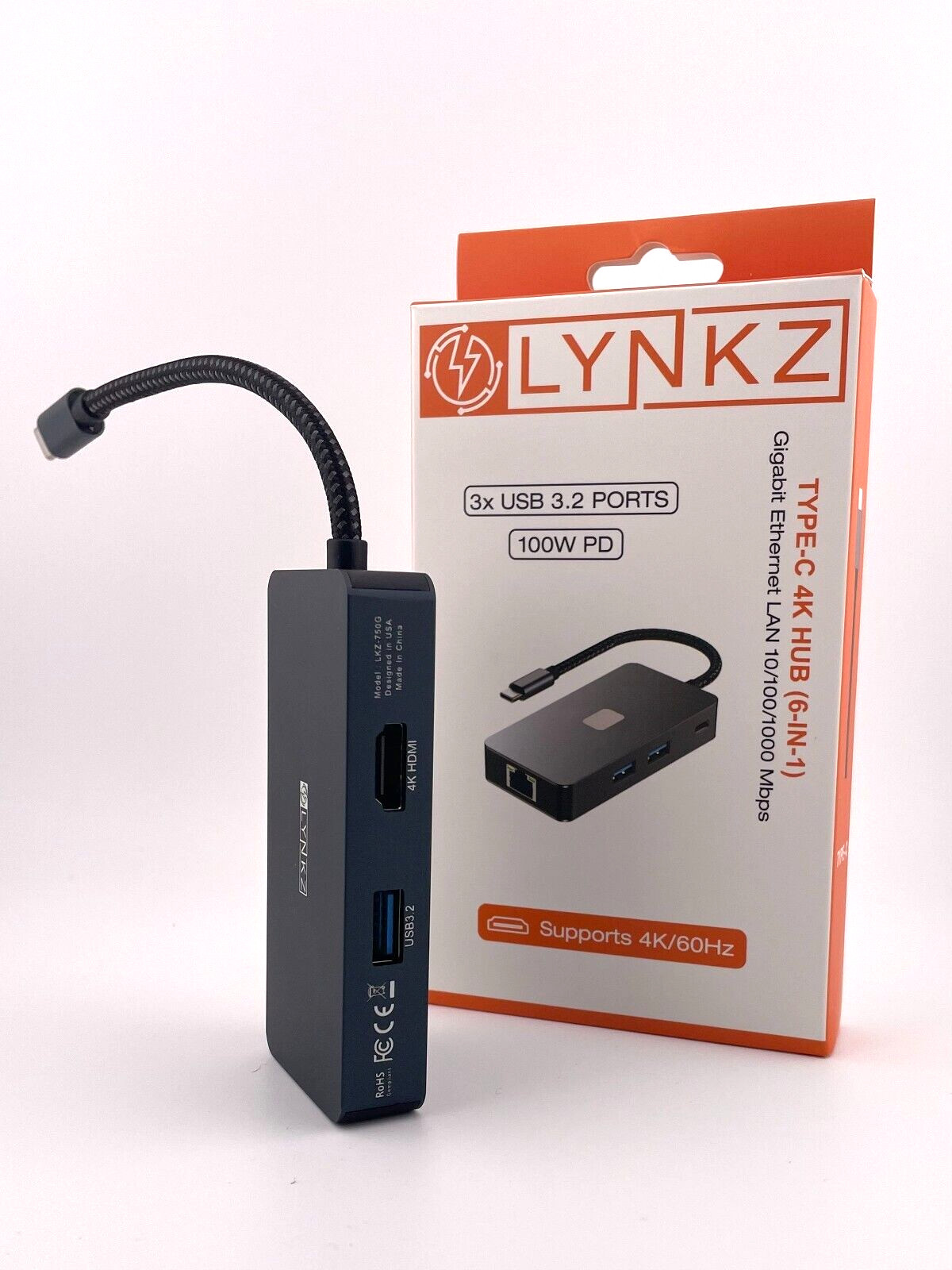 6-in-1 USB-C Hub: 3x USB 3.2 Ports/Gigabit Ethernet/ 4K HDMI @ 60Hz/ 100W PD