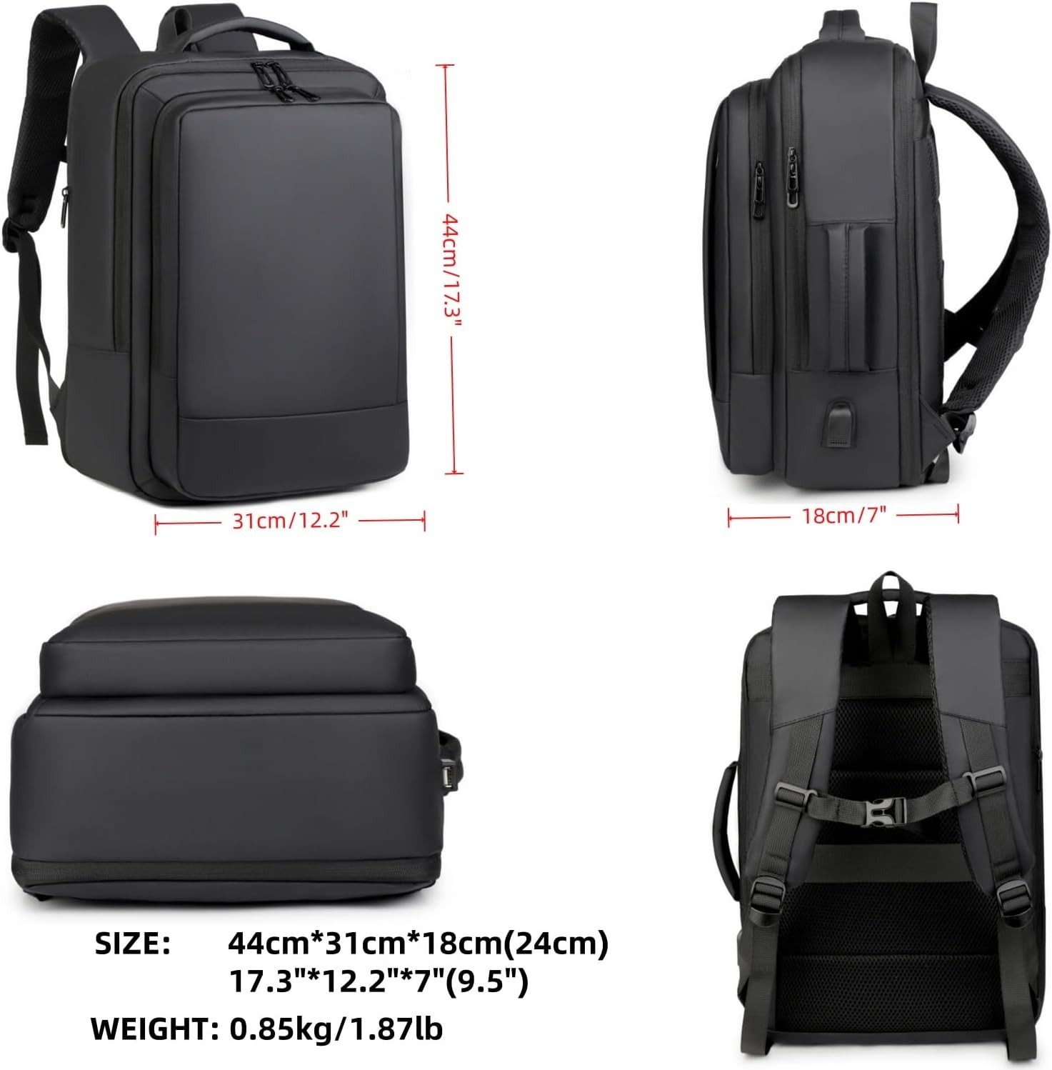 Expandable 17″ Laptop Backpack, USB, Water-Resistant, Carry-on
