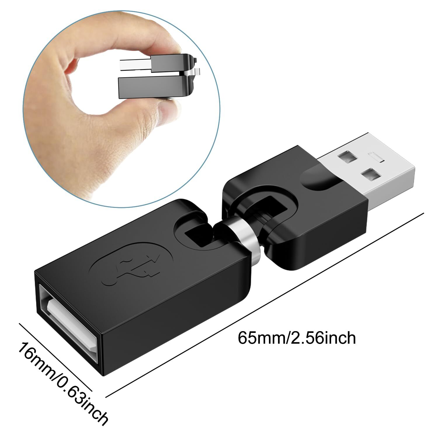 Swivel USB 2.0 Adapter 360° Rotation Male to Female Right Angle Black 2 Pack