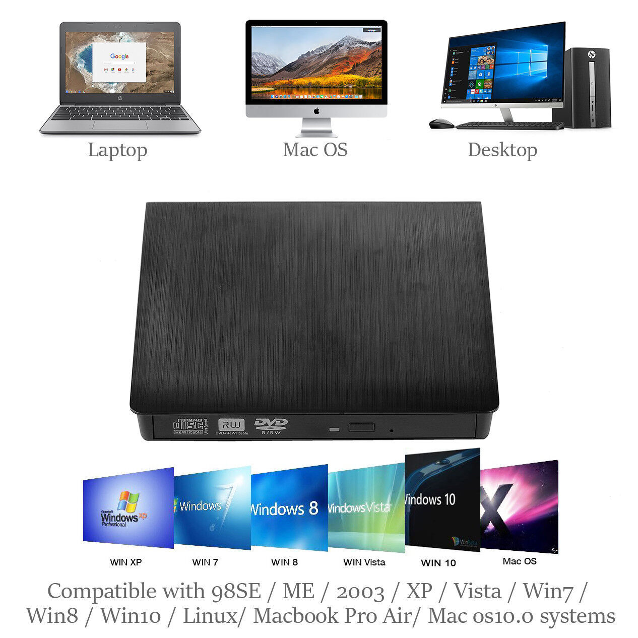 Slim External CD/DVD RW Drive USB 3.0 Writer Burner Player Black For Laptop PC