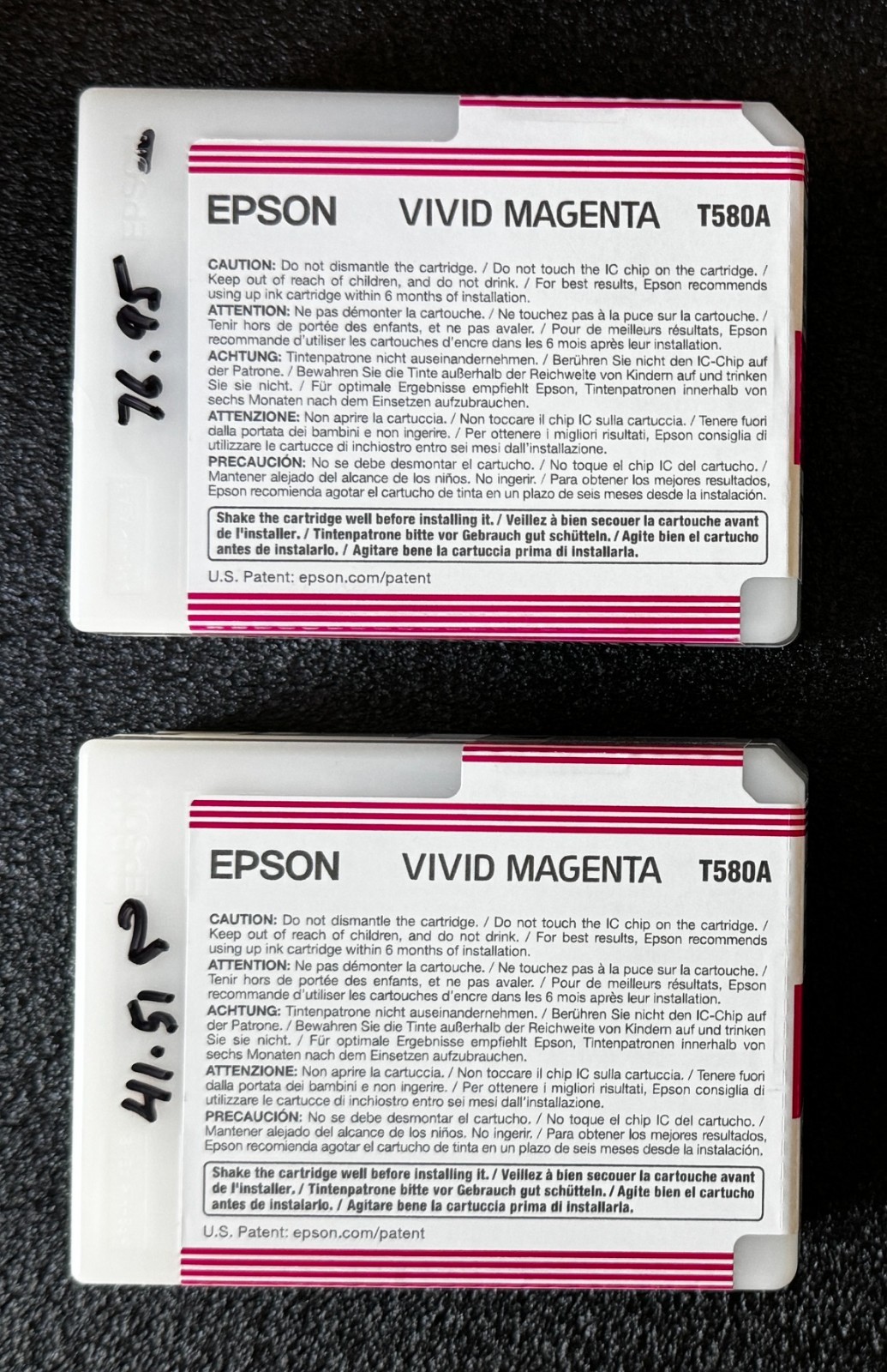 Two Genuine Epson T580A Vivid Magenta Used Ink Cartridges Free Shipping