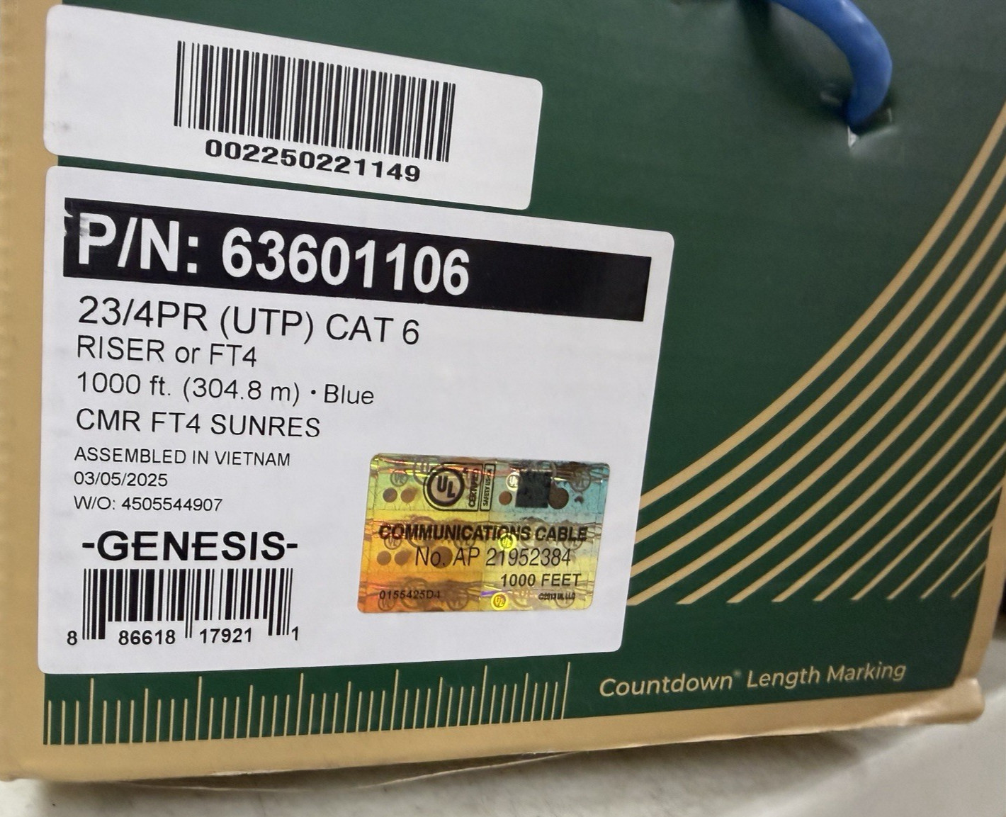 1000ft Box of GENESIS 63601106 23/4PR Cat 6 UTP Riser CMR/FT4 Cable Blue
