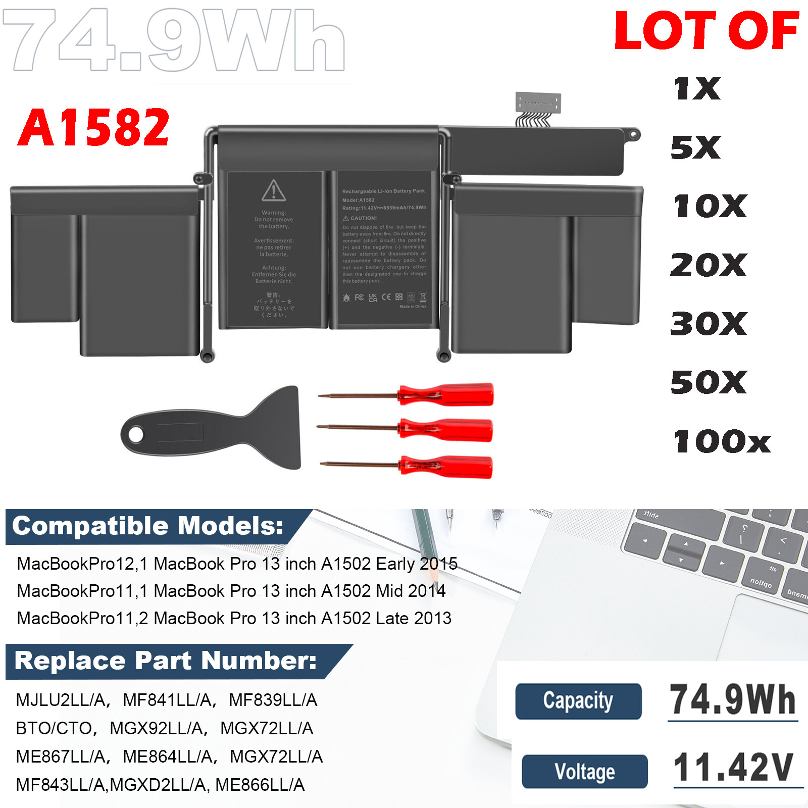 🧡LOT Replace Battery A1493 For Apple Macbook Pro 13″ A1582 A1502 2013 2014 2015