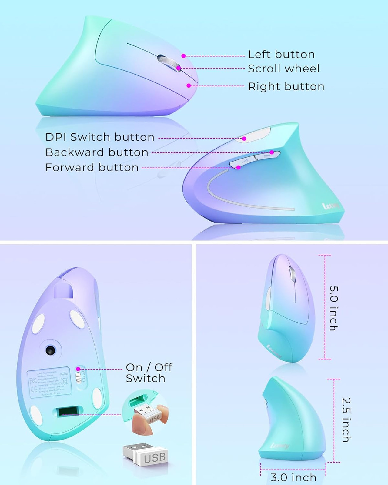 Wireless Vertical Ergonomic Mouse, Rechargeable 800 1200 1600 DPI, 6 Buttons