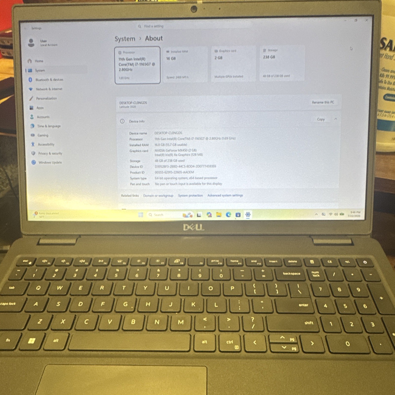Dell Latitude 3520 15.6″ i7-1165G7 16GB 256GB NVMe MX450 Win 11 Pro