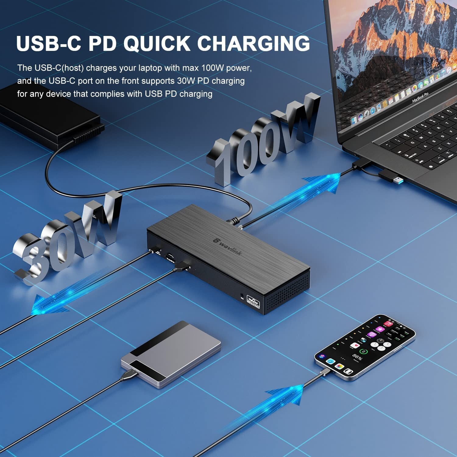 WAVLINK Universal USB C Dock Quad Monitor 4K@60Hz with 100W Host Charging,Quad 5