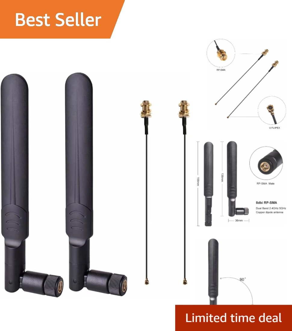 2 x 8dBi WiFi RP-SMA Male Antenna 2.4GHz 5.8GHz Dual Band +2 x 15CM U.FL/IPEX…