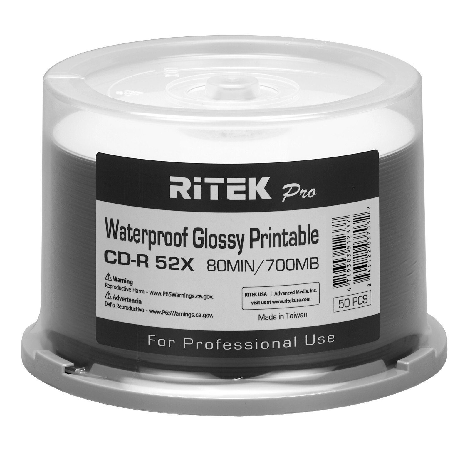 400 Ritek Pro CD-R 52X 700MB Water Resistant Glossy White Inkjet Printable Disc
