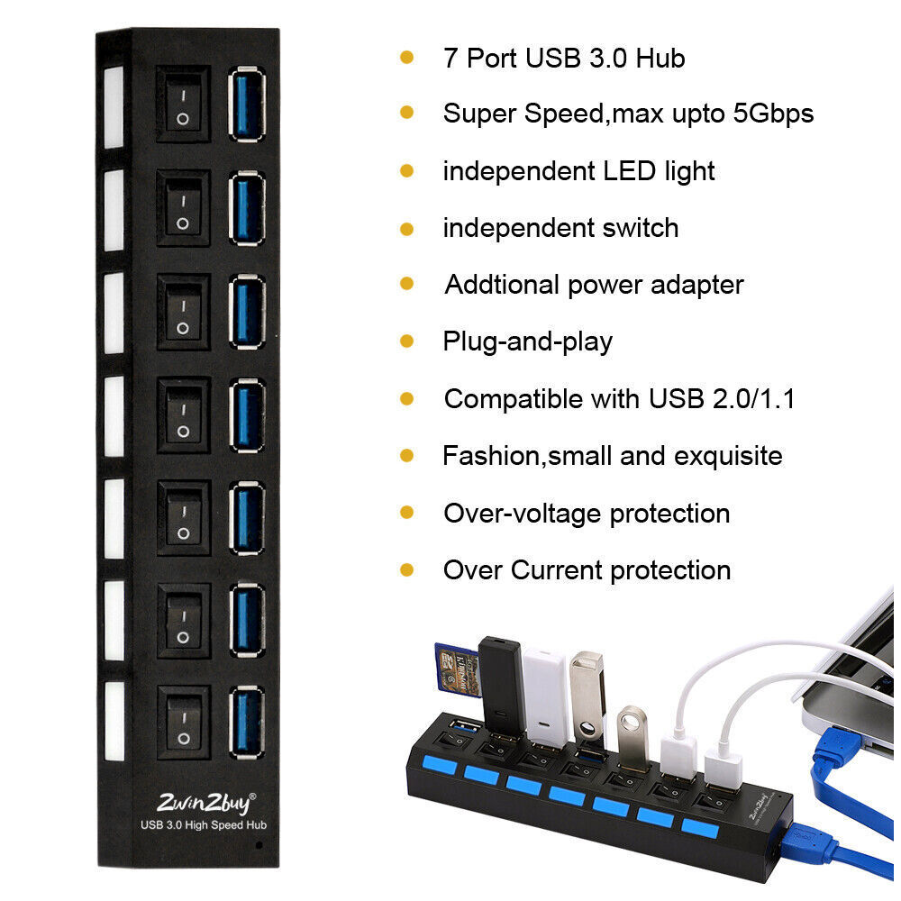 7 Port USB 3.0 Hub High Speed Splitter Box Power Adaptor Charger ON/OFF Switch