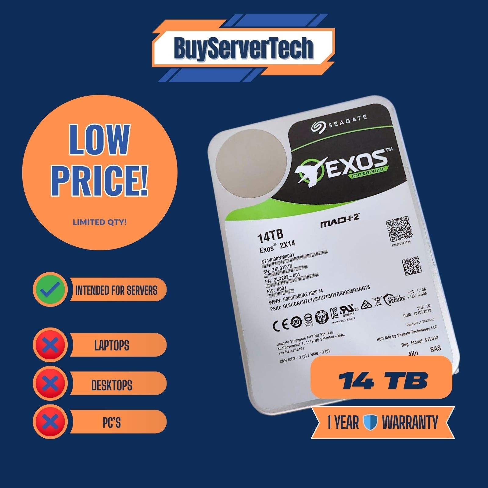 ST14000NM0001 Seagate Exos 2X14 14TB 7.2K SAS 12Gb/s MACH.2 3.5in 4Kn HDD