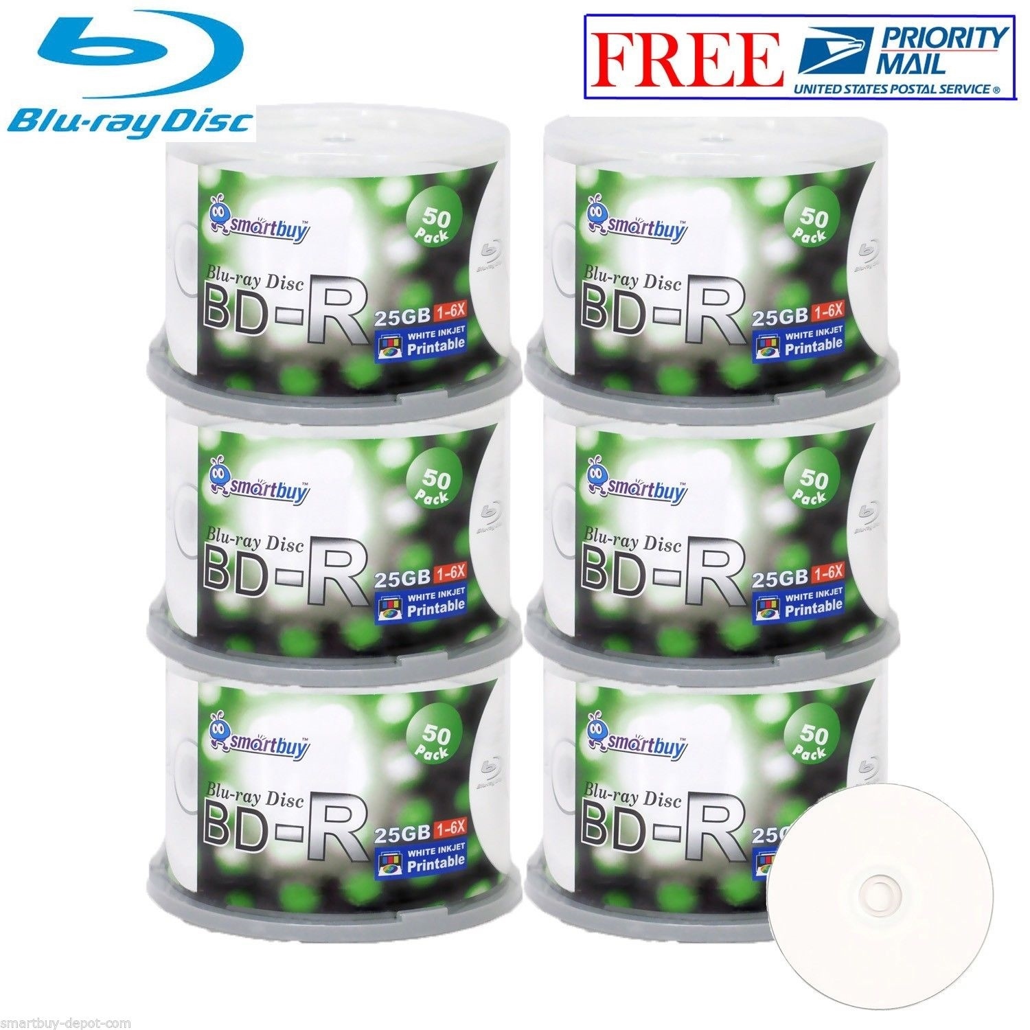 300 Pack SmartBuy BD-R 6X 25GB Blu-ray White Inkjet Printable Store Record Disc