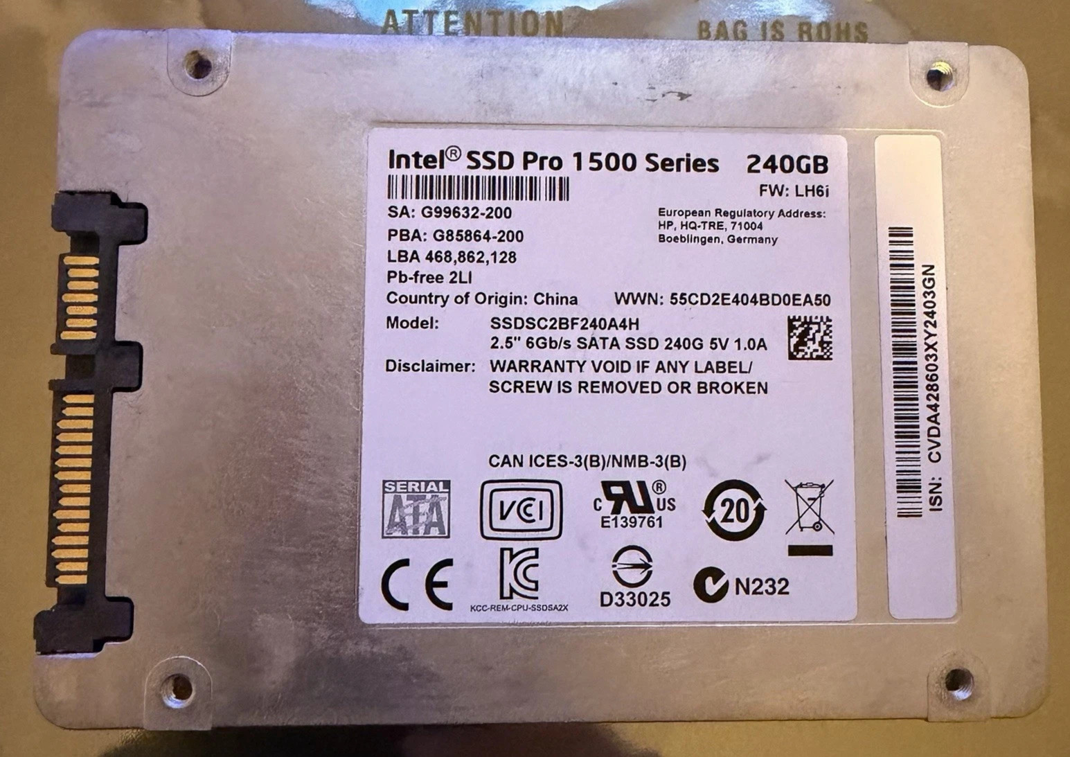 Intel Pro 1500 Series 240 GB 2.5″ SATA 6Gbps SSDSC2BF240A4H 240GB SSD