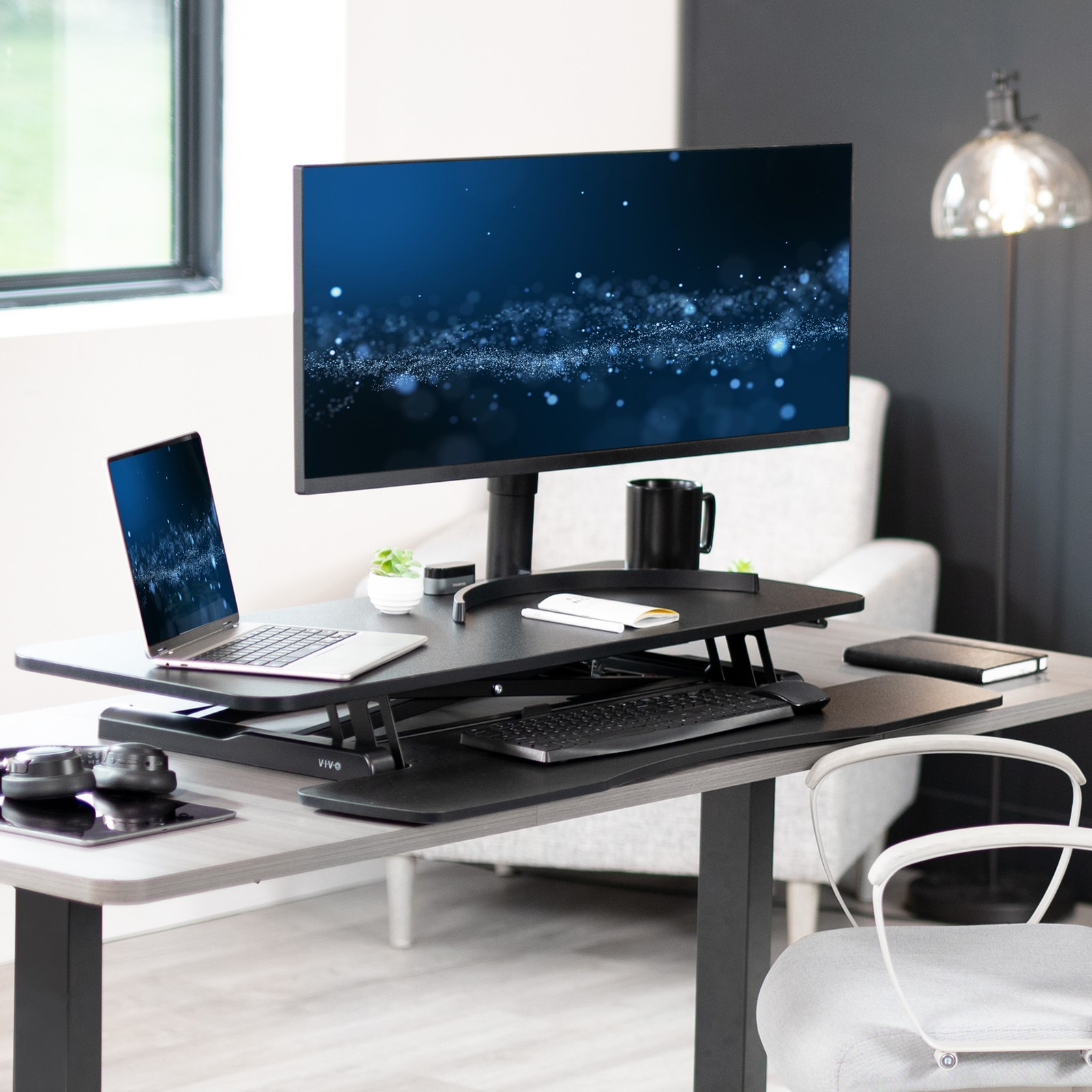 VIVO Black Height Adjustable 42″ Standing Desk Monitor Riser, Sit Stand Tabletop