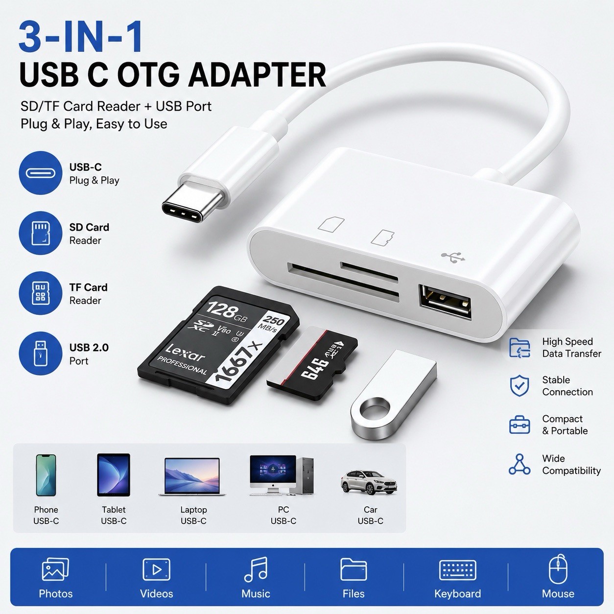 USB C 3 in 1 OTG Hub SD TF Card Reader USB Adapter for Phone Tablet MacBook