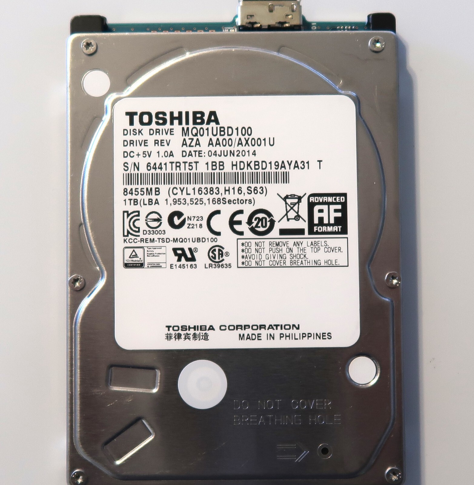 Toshiba MQ01UBD100 HDKBD19AYA31 T AZA AA00/AX001U Philippines 1TB USB JUN.2014