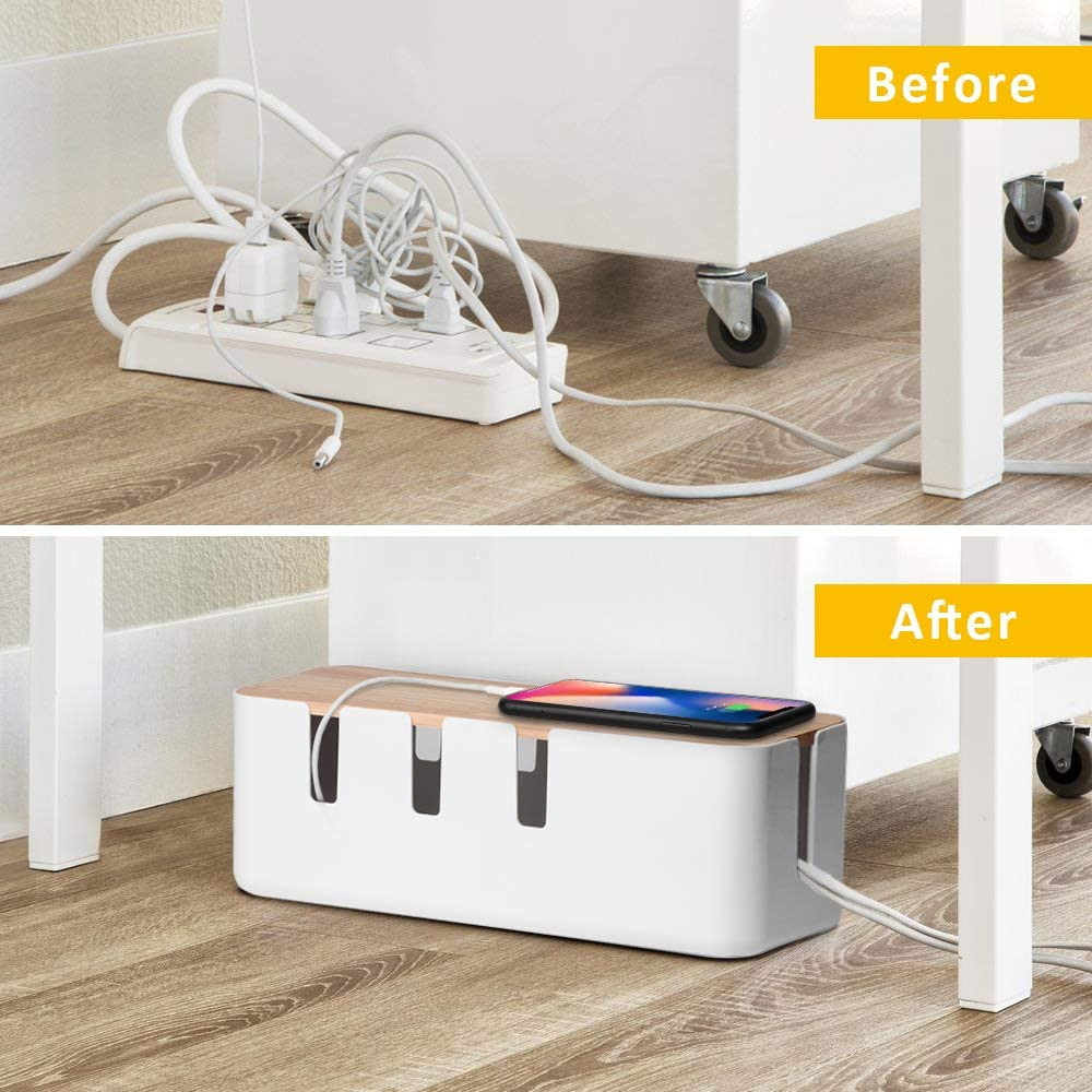 Cable Management Box Wood Lid 12x5x4.5in Wire Cord Organizer for Desk TV PC