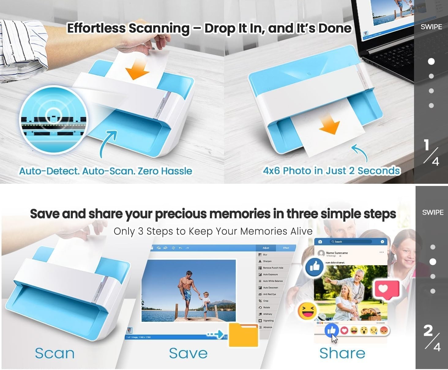 Photo Scanner ePhoto , Scans 4×6 inch Photos in 2 Seconds, Auto crop and desk…