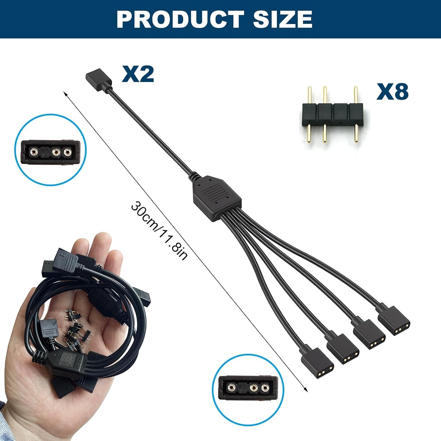 2 Pack 3Pin 5V ARGB Extension Cable Set with 8 Male Pins, 1-To-4 Addressable RGB