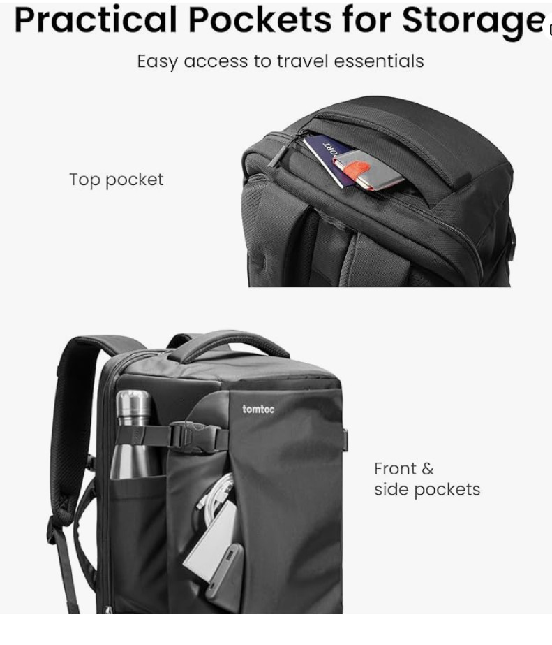 tomtoc Travel Backpack 40L, TSA Friendly Flight Approved Carry-on Black