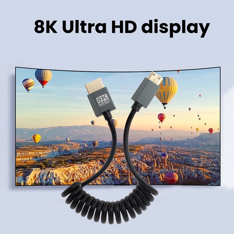 8K HDMI Stretch Coiled Cable HDMI 2.1 Type A Male to Male 90 Degree Down Angled