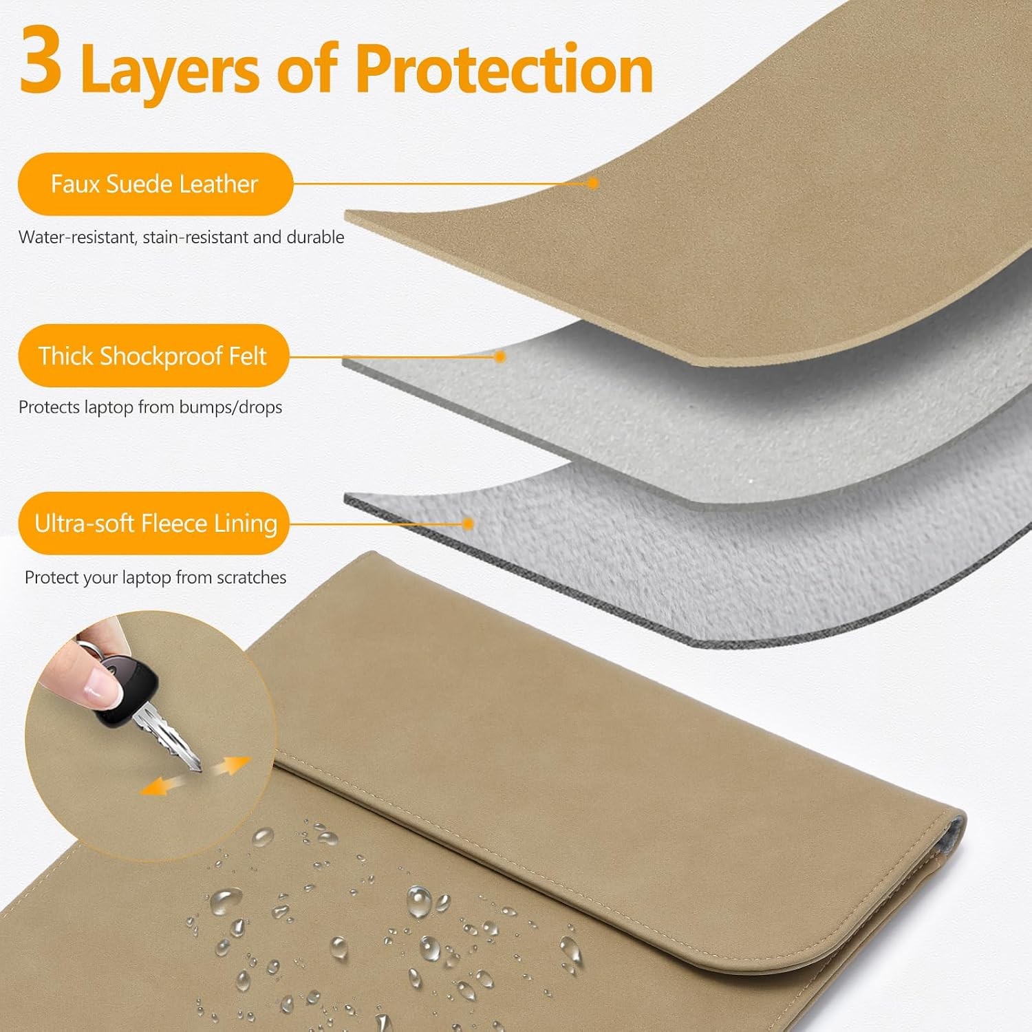 Khaki Faux Suede Laptop Sleeve 15-16 Inch for MacBook Pro 16/15 & XPS 15 with Ba