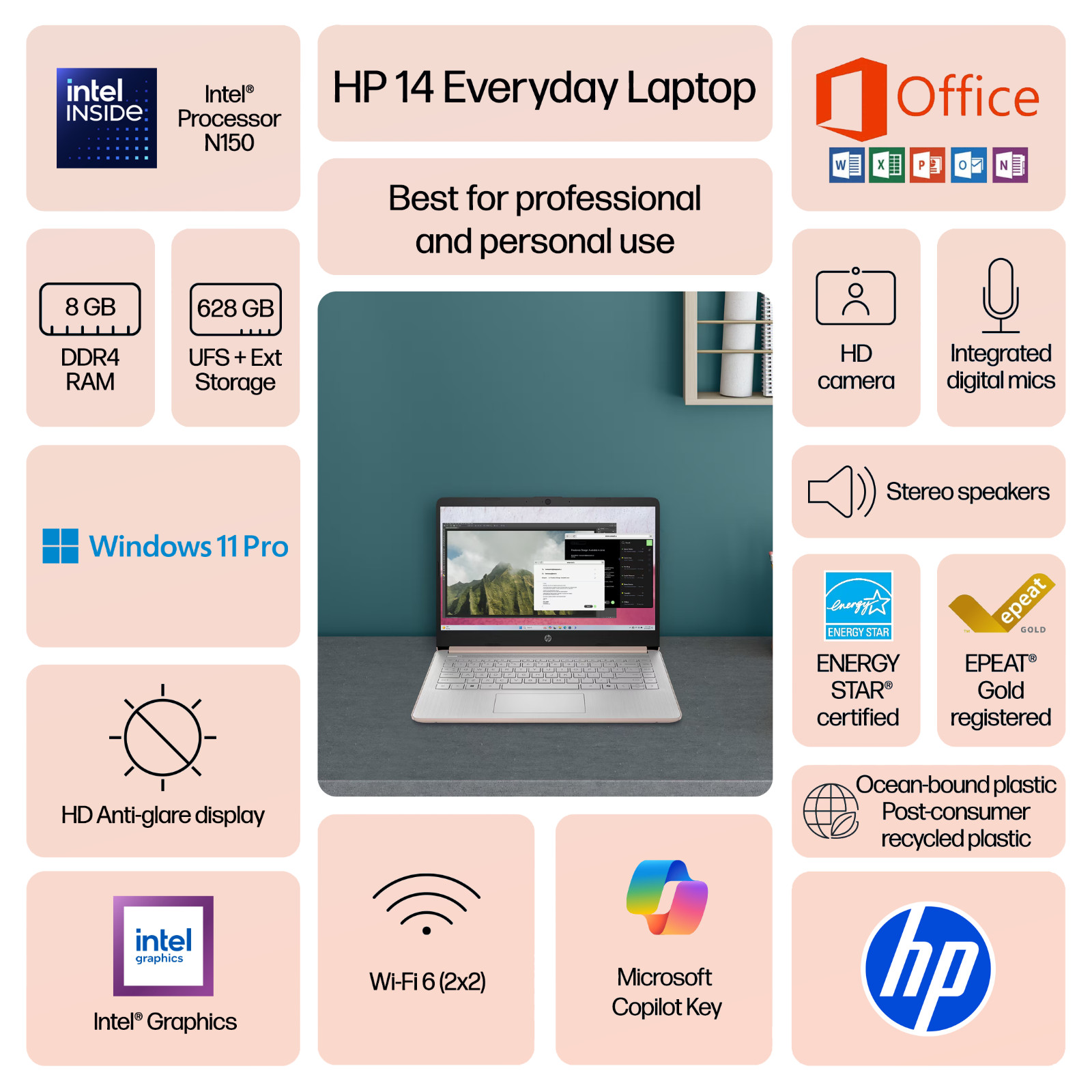 HP Laptop Computer 14″, Intel N150, 8GB RAM + 256GB Storage, Windows 11 Pro