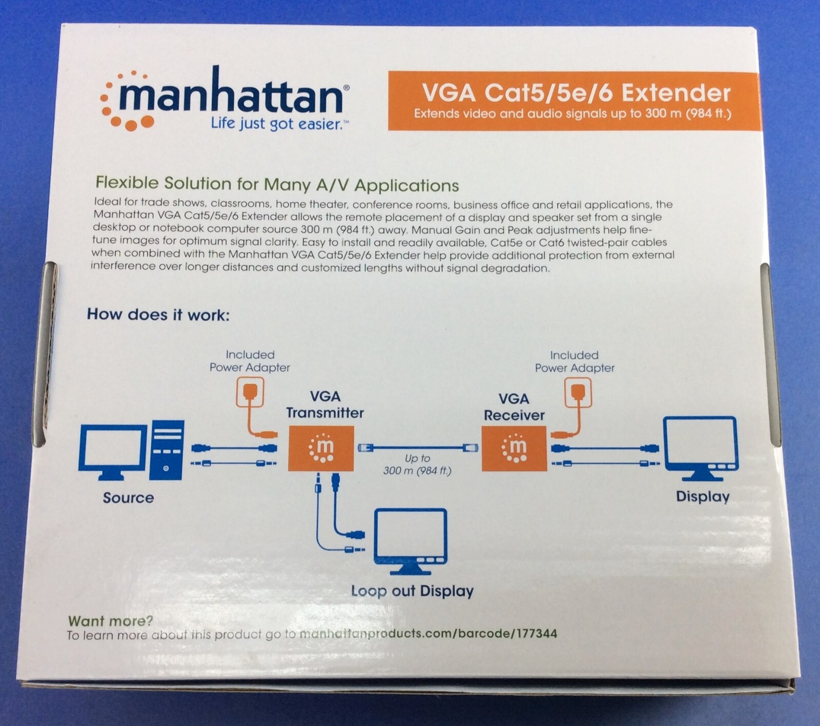 Manhattan – VGA Cat5/5e/6 Video & Audio Signal Extender 300m (984 ft) PN: 177344