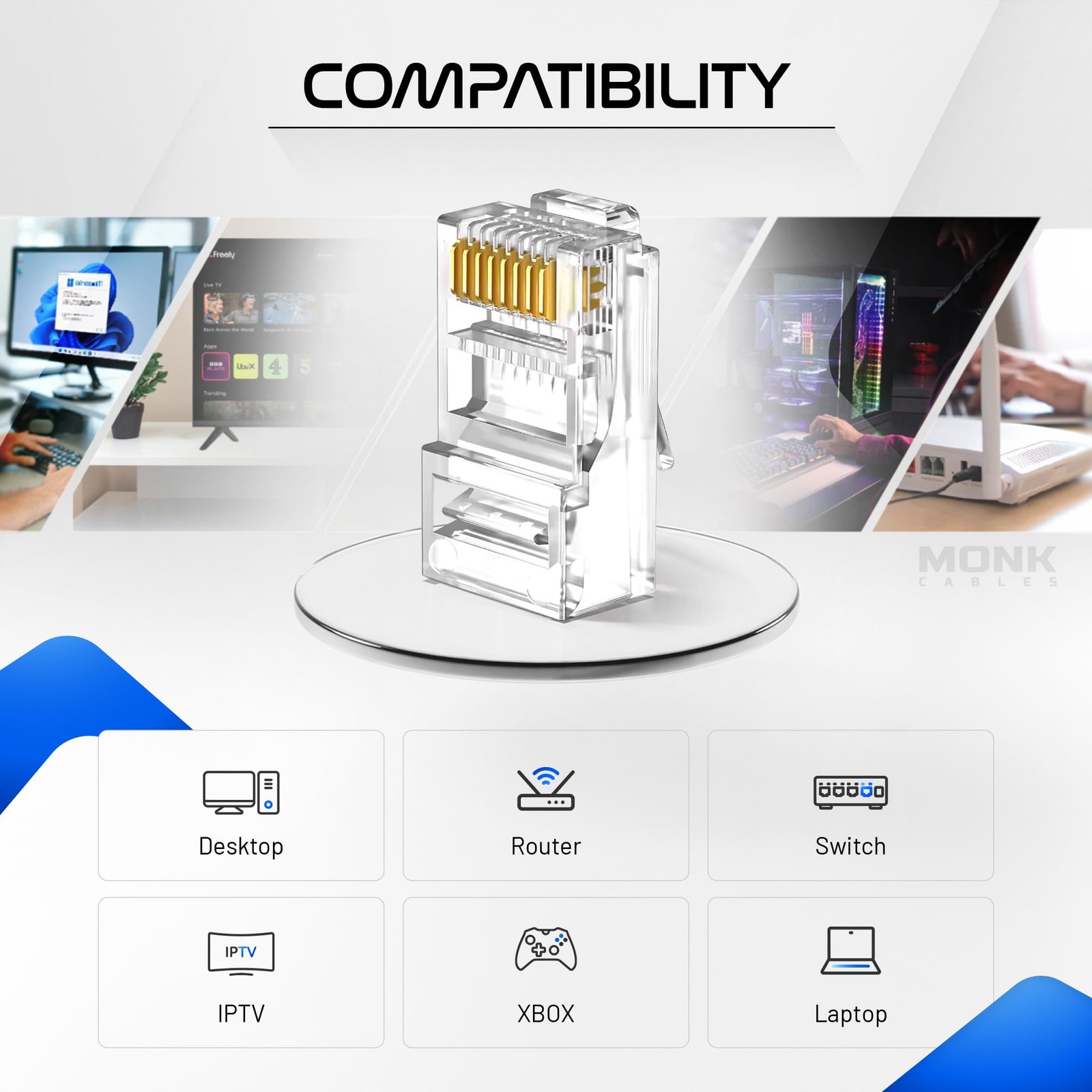 MONK CABLES | Heavy-Duty RJ45 Connectors | CAT6 | Pass-Through |