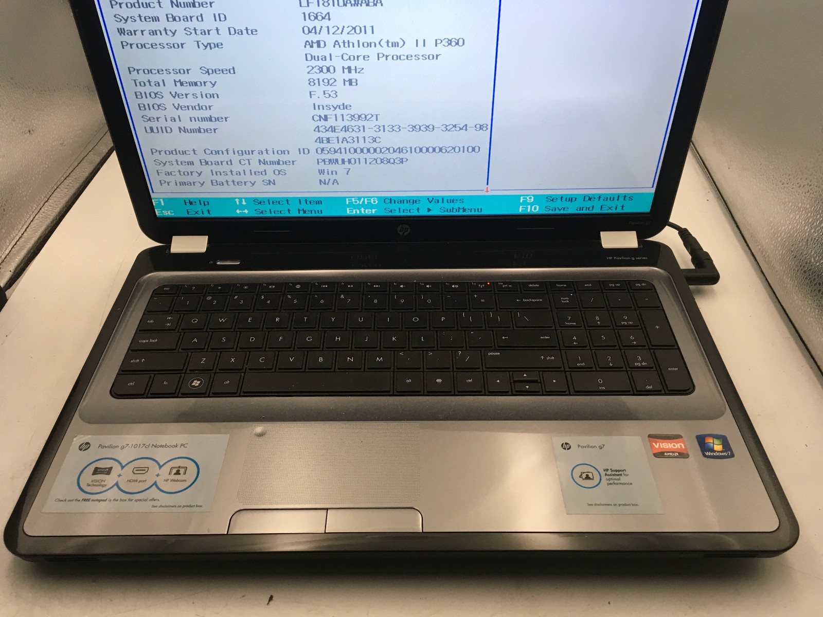 HP PAVILION G7 1017CL – BOOTS TO BIOS – AMD ATHLON II – NO RAM – READ DESC – BB