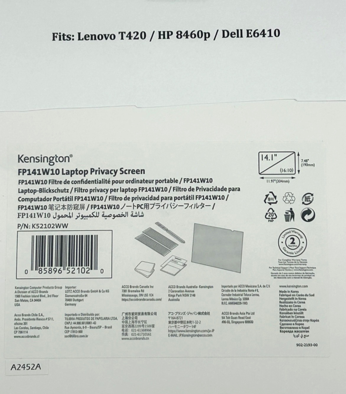 Kensington 14.1” Privacy Screen Filter for Lenovo T420 T430 HP 8460p 16:10