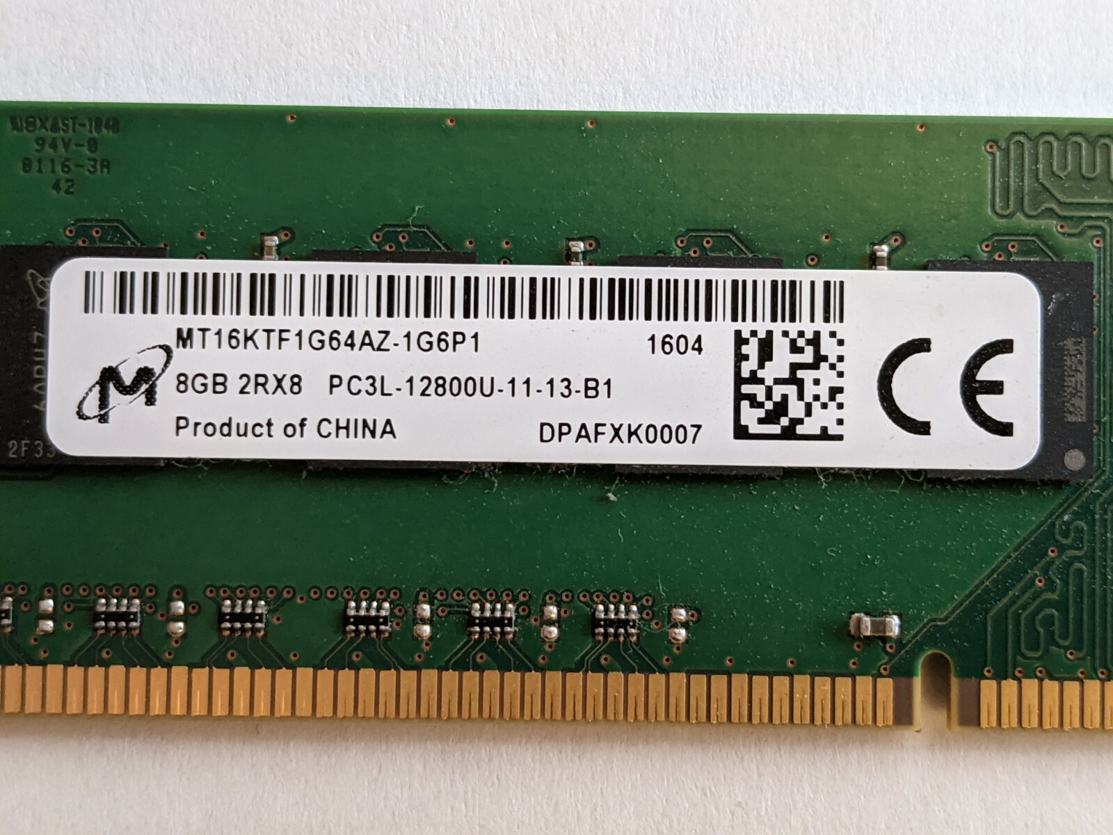 Micron 8GB 2Rx8 PC3L-12800U MT16KTF1G64AZ-1G6P1 Low Voltage Desktop Ram