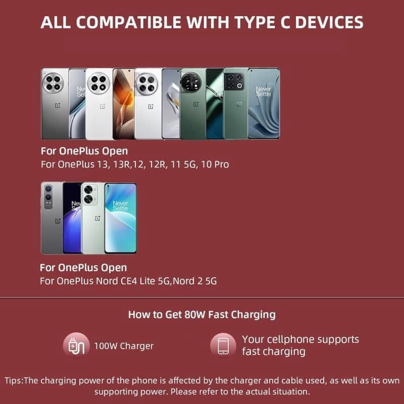 80W Max SuperVOOC Fast Charge Red Cable for OnePlus 12 11 10 Pro Nord 2 5G
