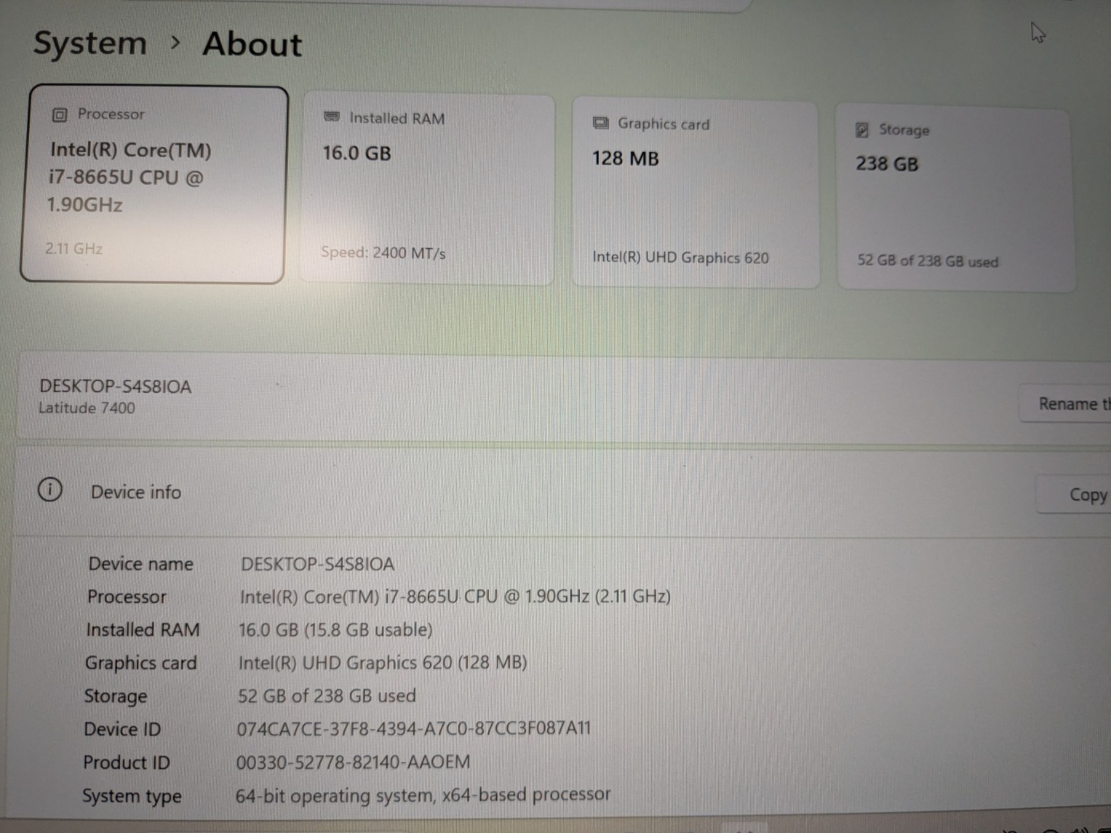 DELL LATITUDE 7400, Intel Core i7-8665U, 1.90 GHz, 16 GB RAM, 256 GB M.2