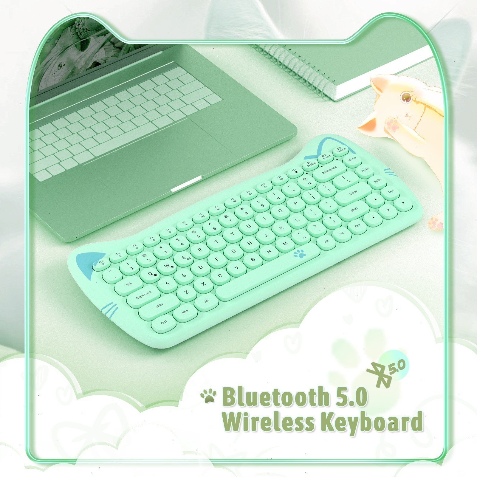 AJAZZ 3060i Cute Cat Ear Wireless Keyboard 84 Keys Silent Round Retro For PC Mac
