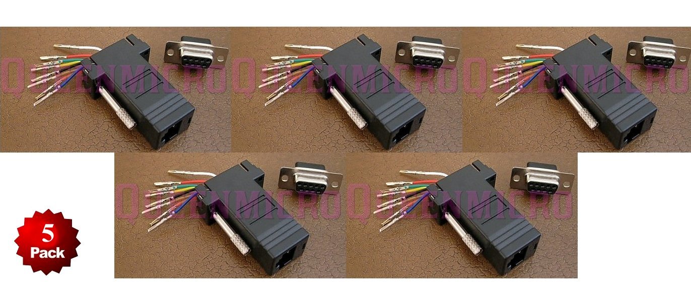 5 Pack – DB9 Female to RJ45 Modular Adapter Connector Plug Serial RS-232 Black