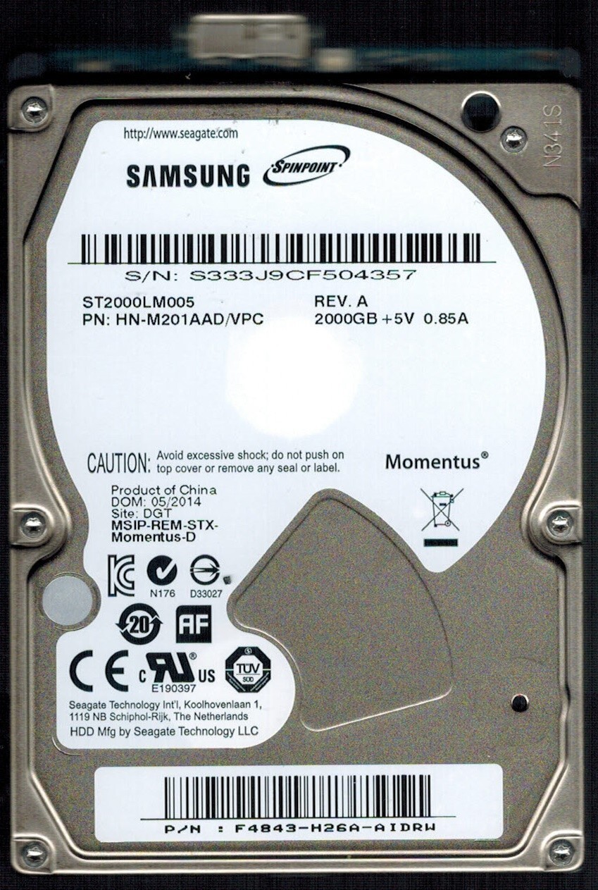 ST2000LM005 P/N: HN-M201AAD/VPC DGT S/N: S333J SAMSUNG 2TB CHINA MAY 2014